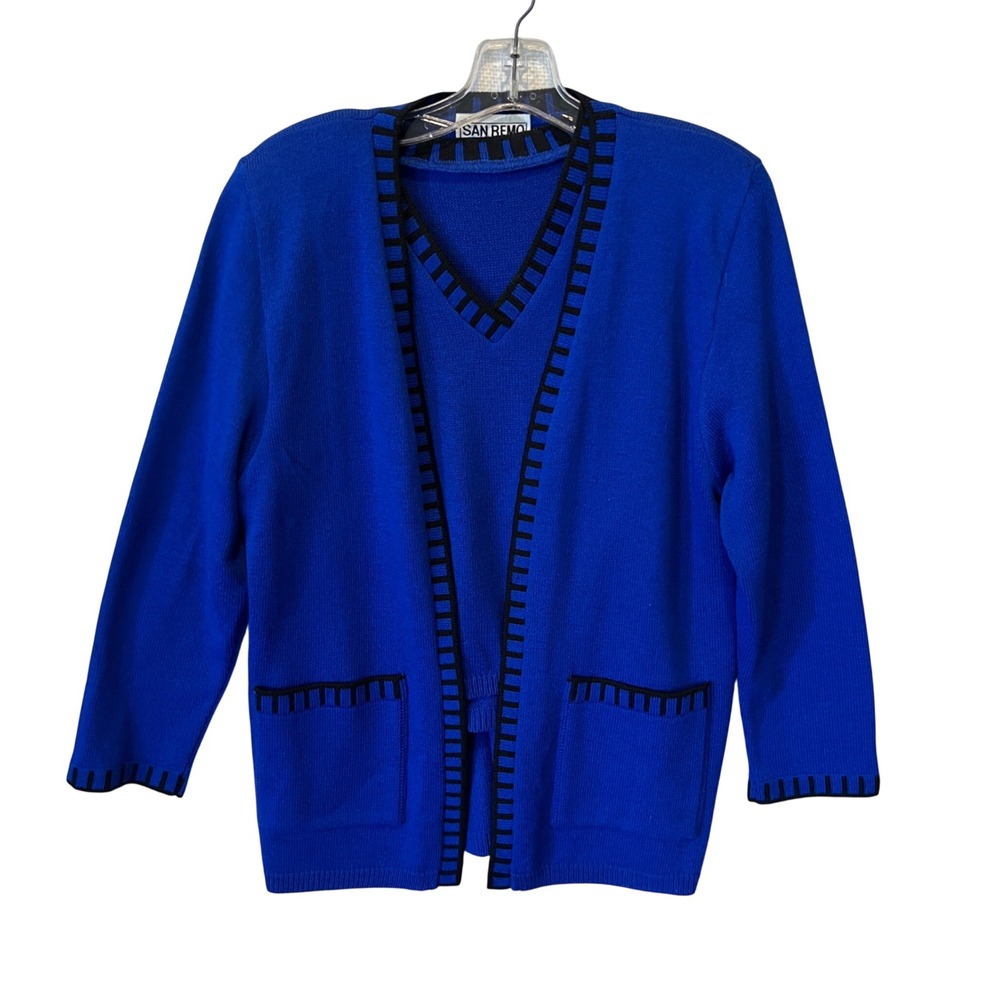 San‎ Remo Luxury Royal Blue 2 Pc Sweater Set Cardigan Pullover Vtg Petite Medium